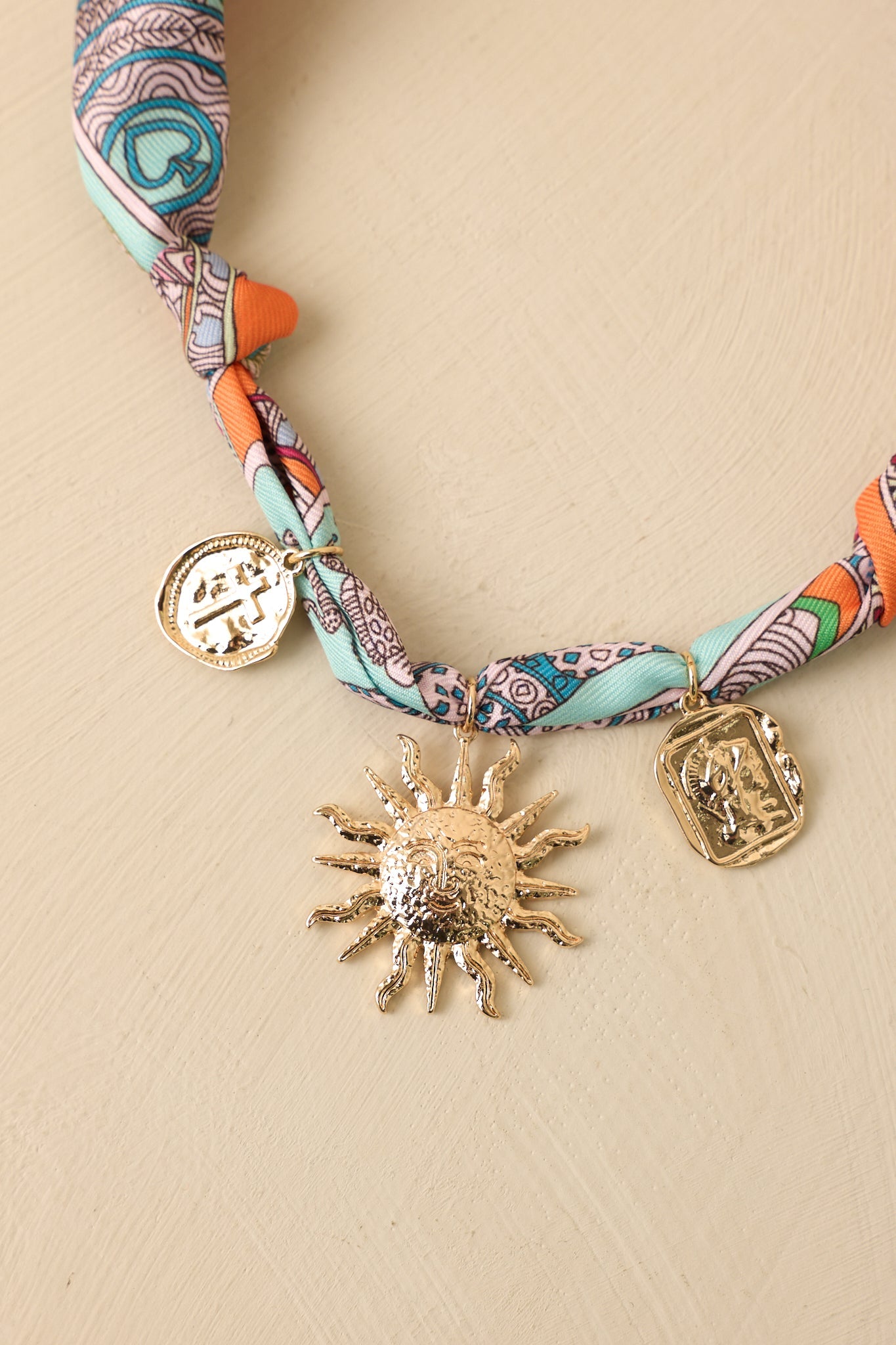 Sun Story Orange Multi Scarf Gold Charm Necklace