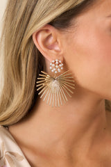 Sun Goddess Life Gold & Pearl Radiant Sunburst Drop Earrings