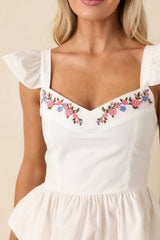 Open Skies White Cotton Flutter Sleeve Peplum Top