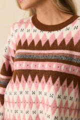 Worth The Mention Pink Multi Argyle Fair Isle Knit Crewneck Sweater