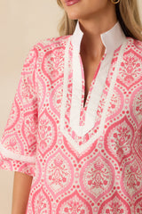 Flowering Feelings Pink Floral Pattern Cotton V-Neck Mini Dress