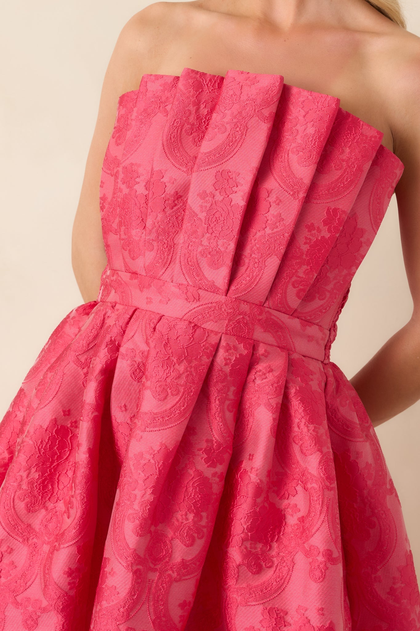 The Genevieve Hot Pink Jacquard Strapless Midi Dress