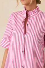 In Perfect Order Pink Stripe Button Front Ruffle Collar Midi Shirt Dress