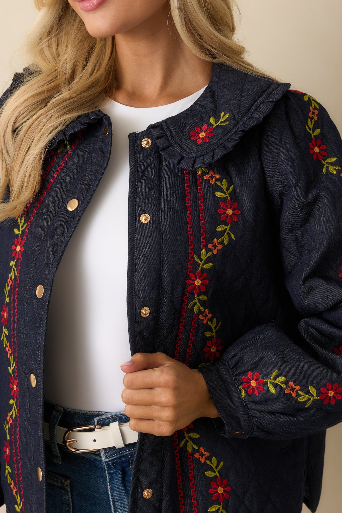 Wildflower Trails Dark Indigo Denim Quilted Embroidered Button Up Jacket