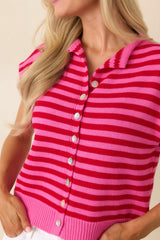 It All Lines Up Red & Pink Stripe Knit Cotton Button Front Top