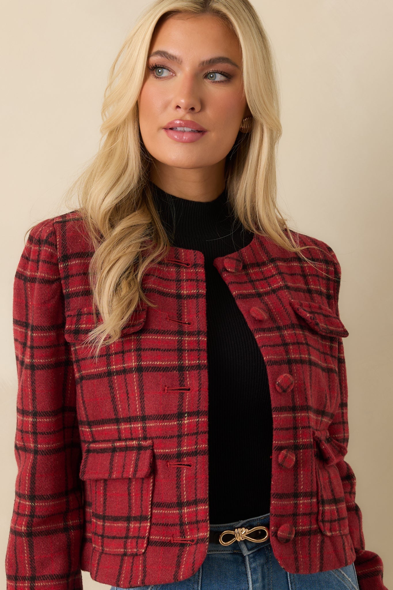 All In Good Taste Merlot Red Plaid Button Up Jacket