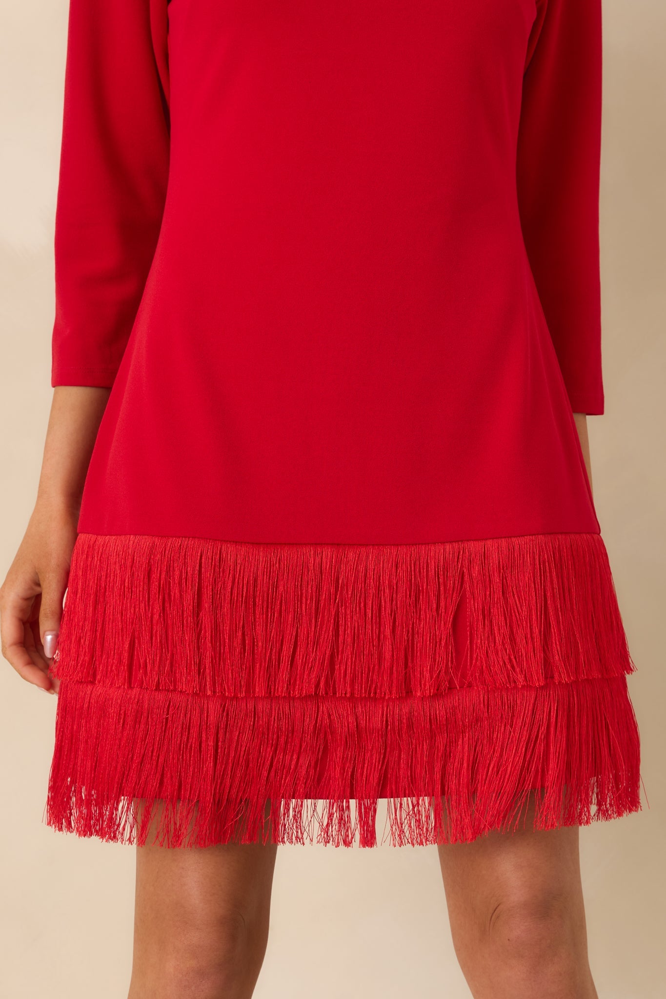 Coming In Hot Red 3/4 Sleeve Fringe Mini Dress