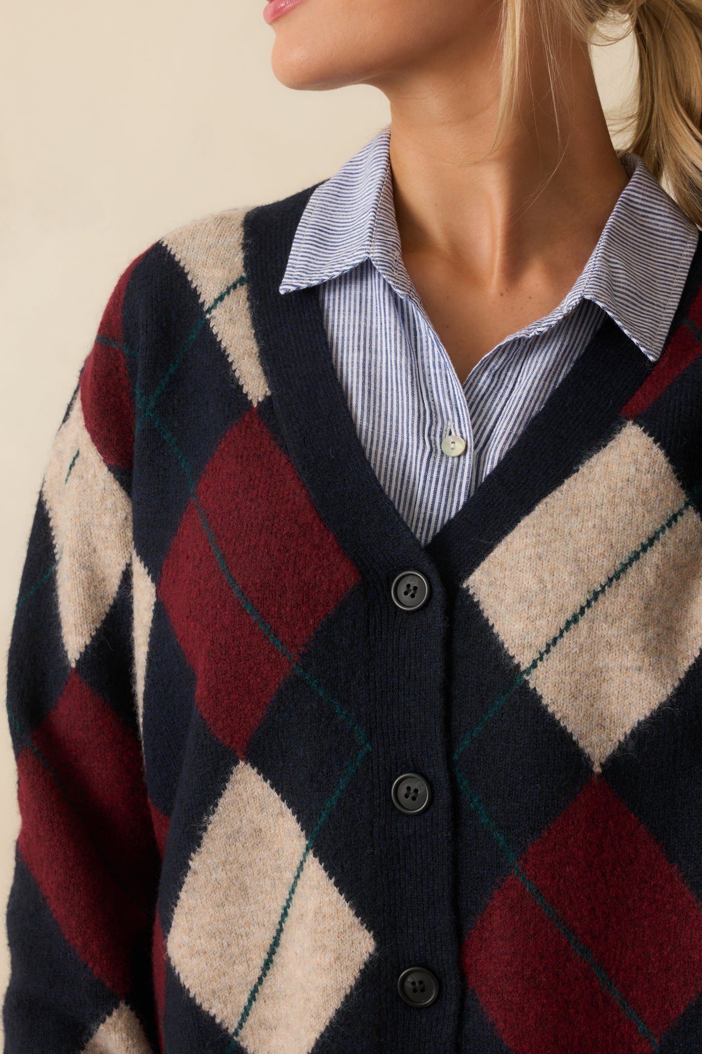 Never Beyond Reach Navy Argyle Button Up Cardigan