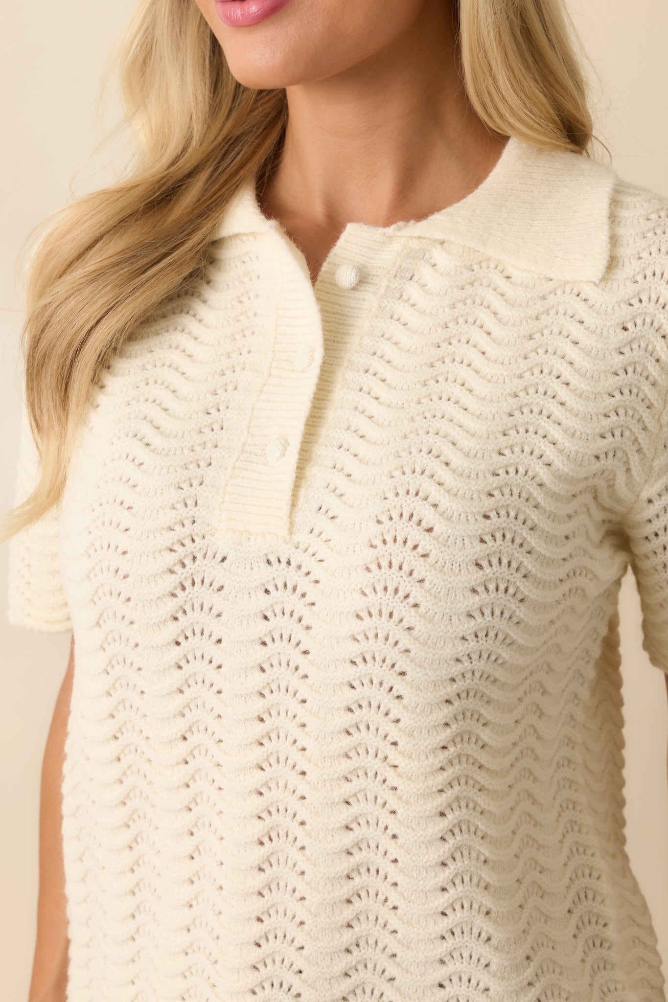 Left It At That Ivory Scalloped Pointelle Knit Short Sleeve Sweater