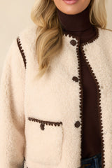 Bound to Be Cozy Ivory & Chocolate Brown Contrast Stitch Sherpa Jacket