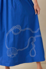 Knot Too Far Royal Blue Cotton Embroidered Midi Dress