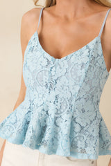 Soft Daylight Light Blue Guipure Peplum Top