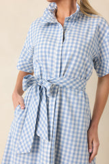 Check Me Out Blue Gingham Ruffle Collar Belted Maxi Dress
