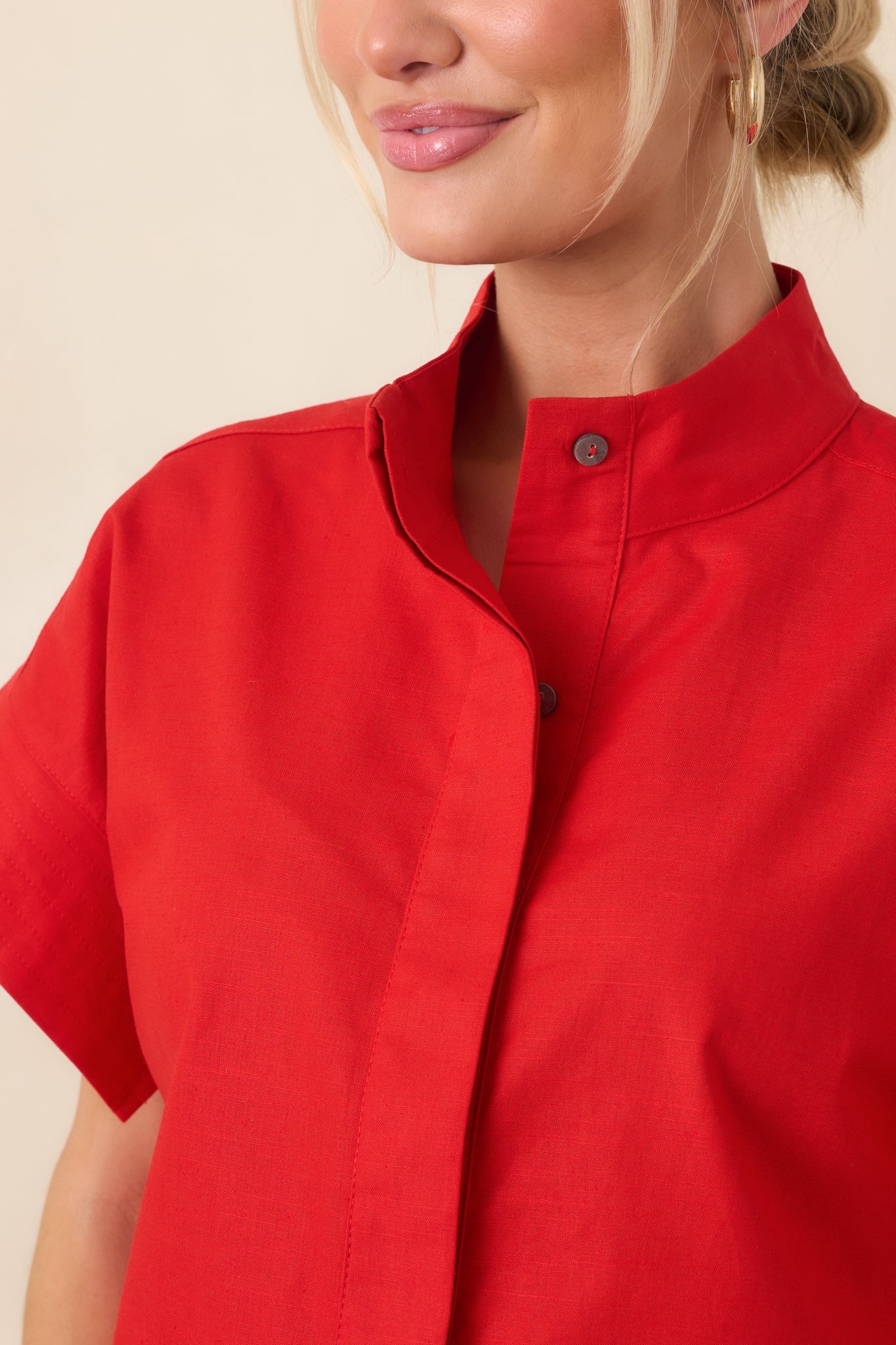 Pretty In Power Red Cotton Linen Button-Front Mock Neck Top