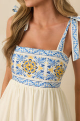 Paradise in Sunlight Ivory Multi Tie-Strap Cotton Maxi Dress