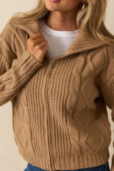 Better Believe It Camel Brown Cable Knit Zip Front Sweater Jacket