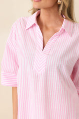Leading Lines Pink Stripe Collared V-Neck Blouse