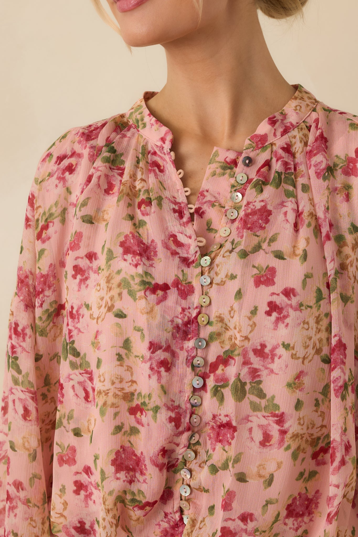Where Roses Drift Blush Pink Multi Floral Sheer Blouse