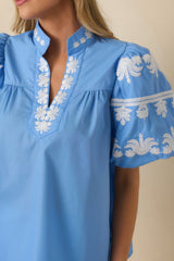 True to You Blue Embroidered Detail Puff Sleeve V-Neck Top