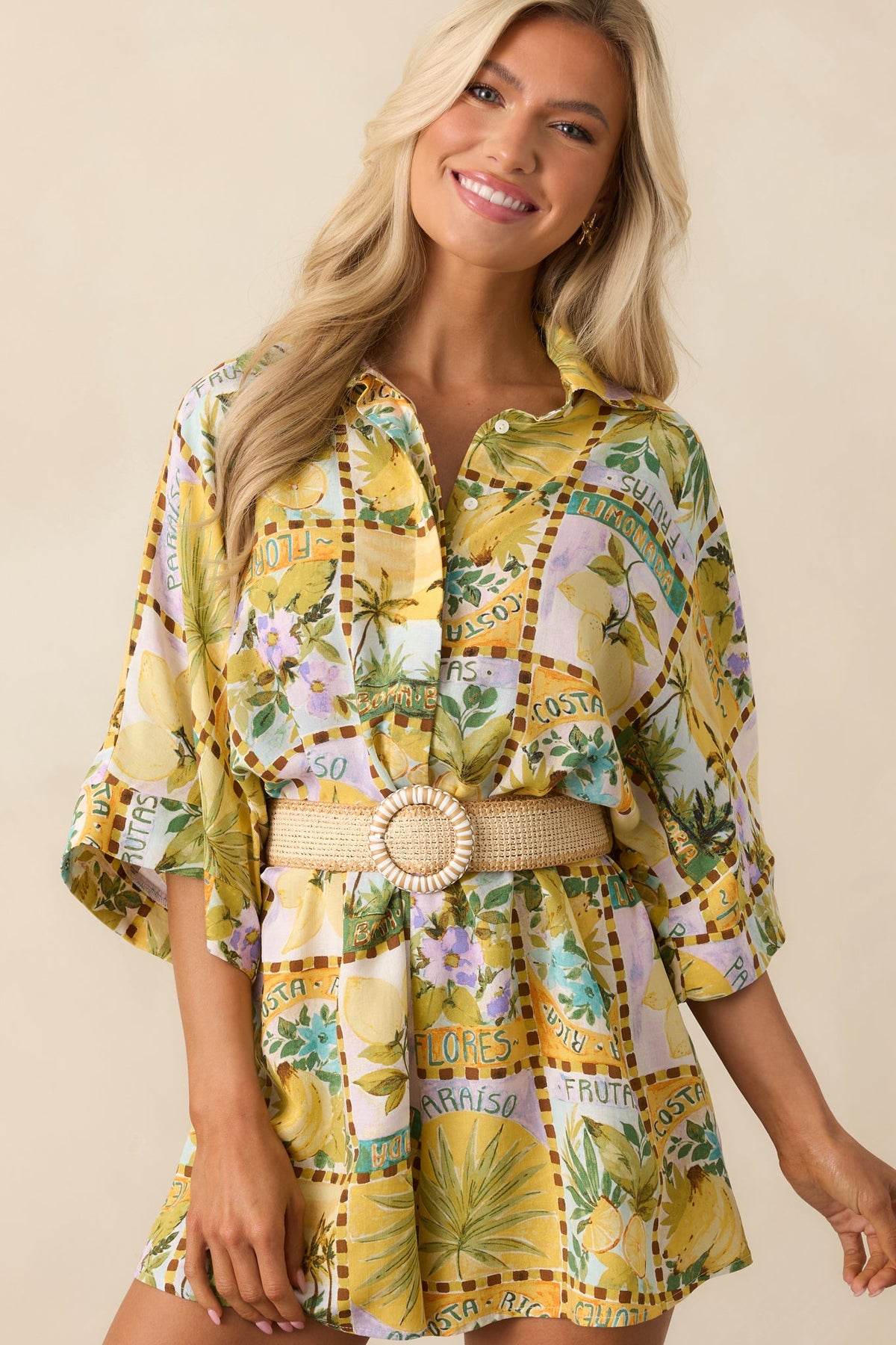 Views From The Veranda Yellow Tropical Print Linen Blend Romper