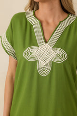 You Know the Feeling Matcha Green Embroidered V-Neck Maxi Dress