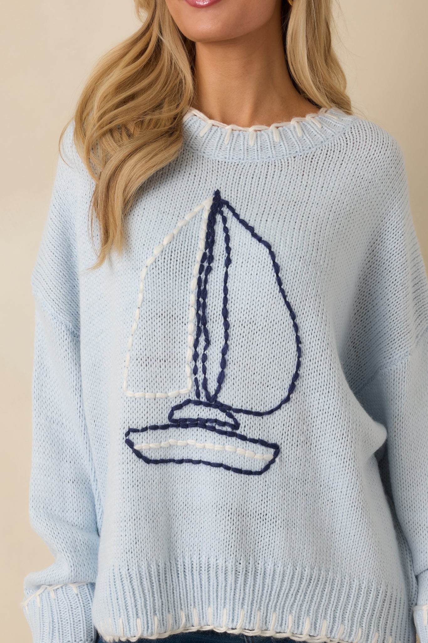 Set Your Course Light Blue Knit Embroidered Sailboat Sweater