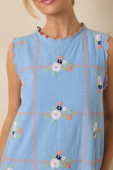 A Sweet Escape Light Blue Multi Floral Embroidered Cotton Sleeveless Mini Dress