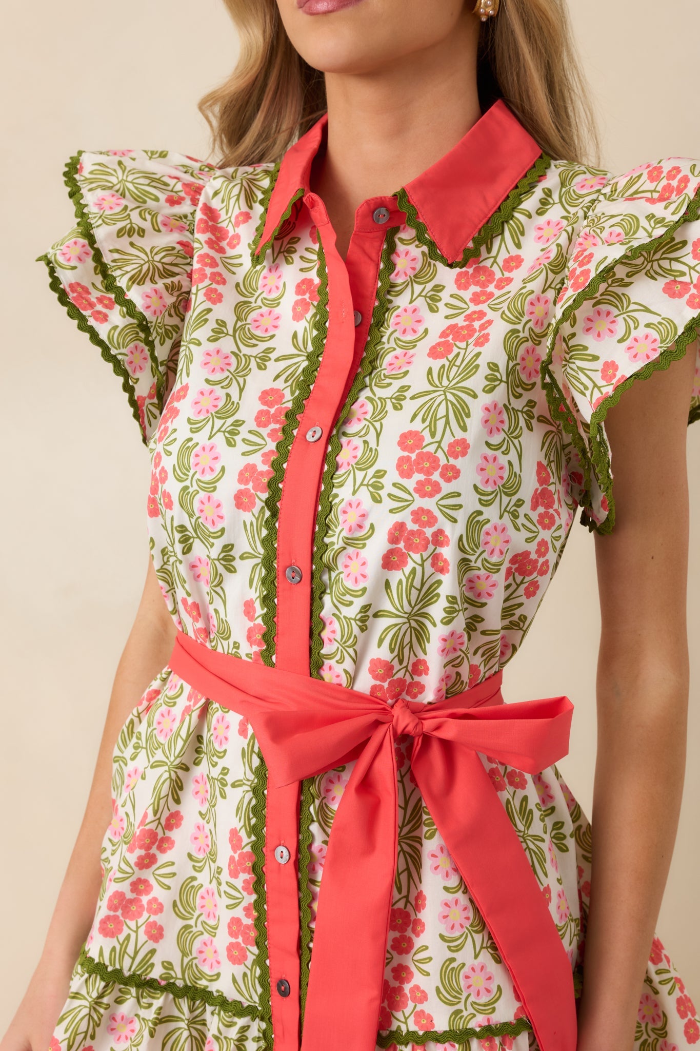 Missing The Point Coral Pink Floral Cotton Button Front Mini Dress