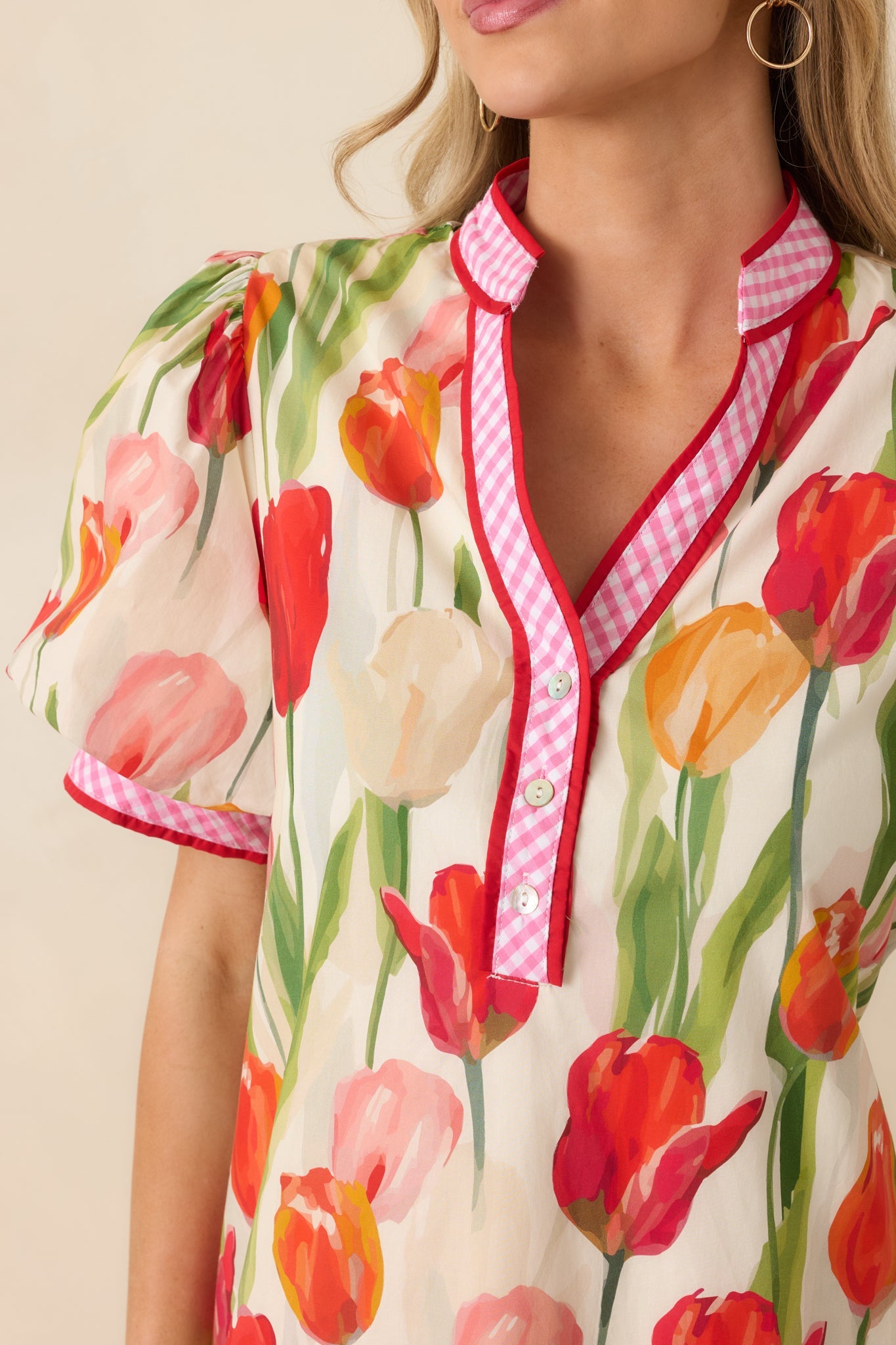 Bright Days Ahead Red Tulip Print Cotton Short Sleeve Mini Dress