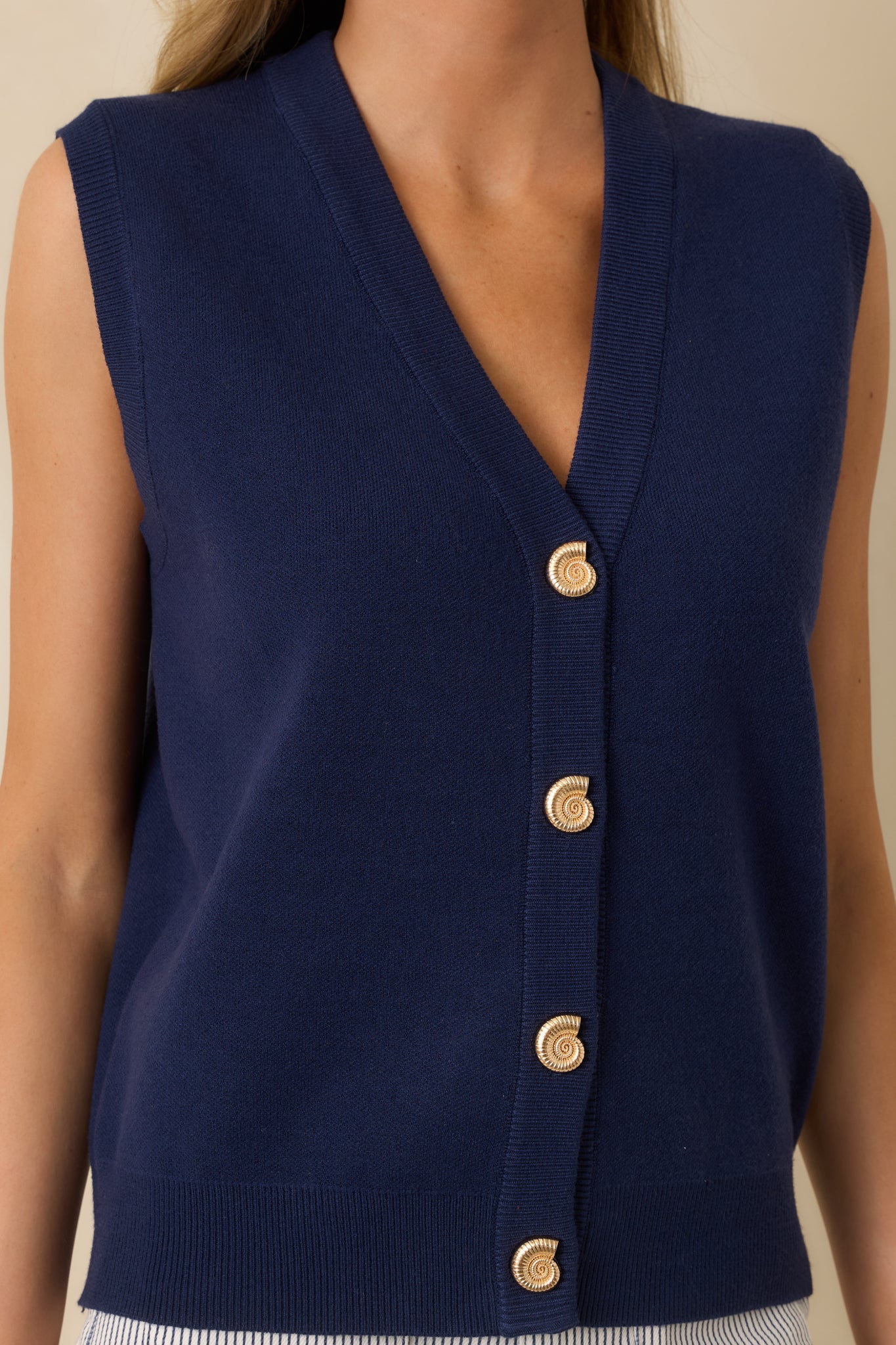 Where Shell We Meet Navy Blue Knit & Gold Shell Button Up Sweater Vest