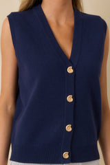 Where Shell We Meet Navy Blue Knit & Gold Shell Button Up Sweater Vest