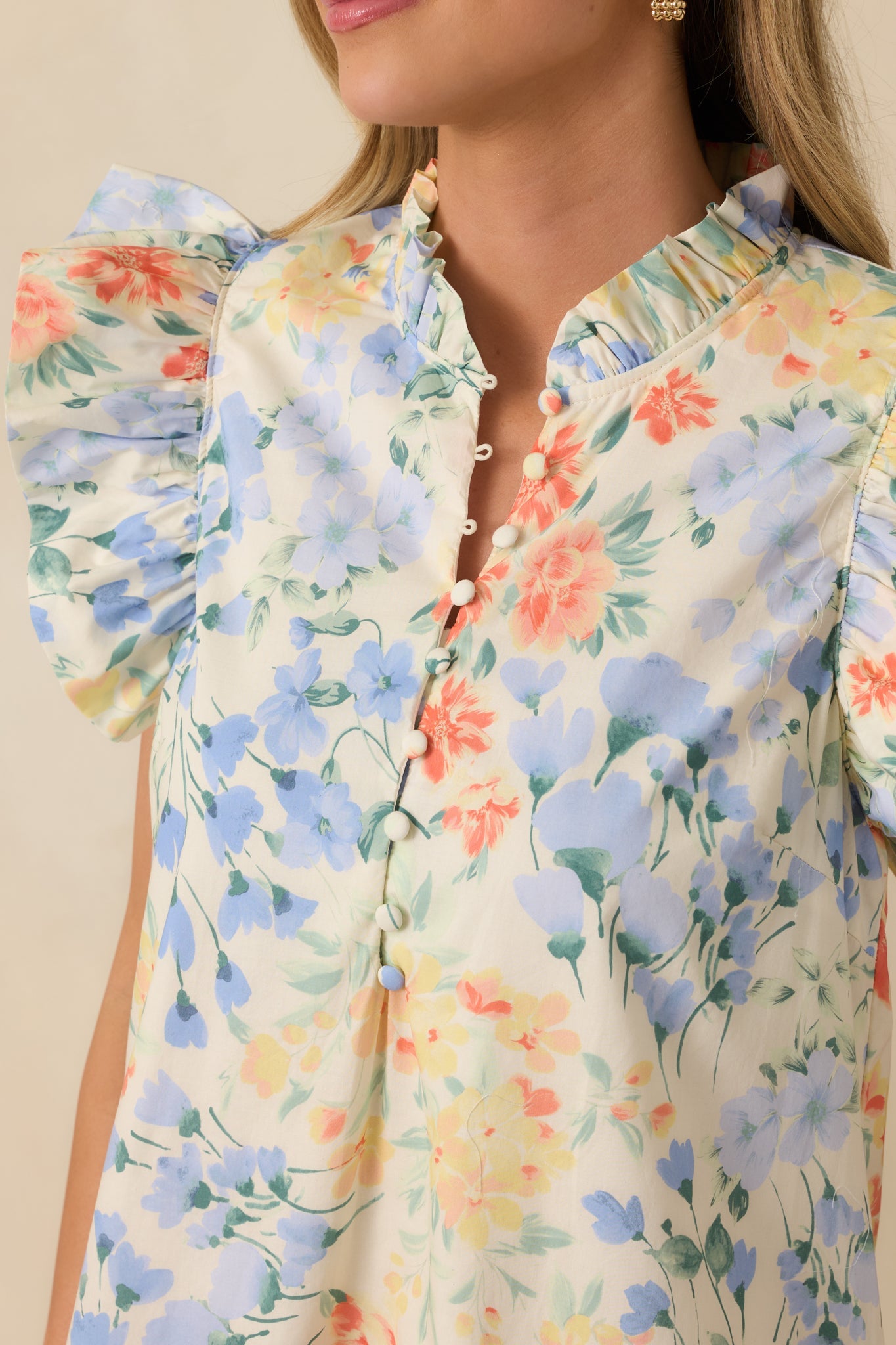 A Lovely Place to Be Ivory Multi Pastel Florals Flutter Sleeve Midi Dress