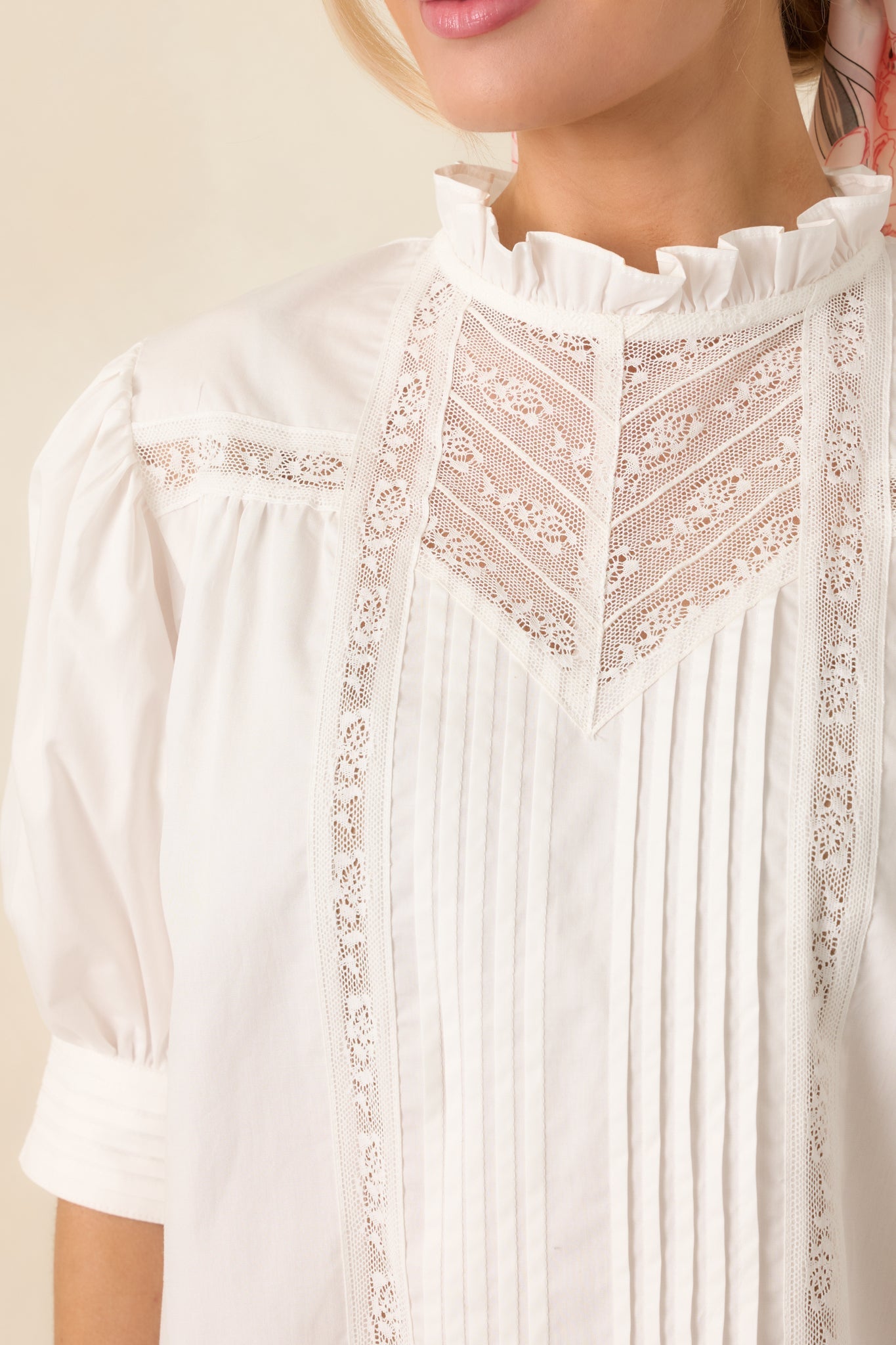 Lines Yet Written White Cotton Pintuck and Lace Puff Sleeve Top
