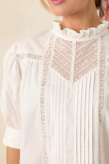 Lines Yet Written White Cotton Pintuck and Lace Puff Sleeve Top