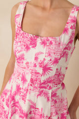 Destination Daydream Hibiscus Pink Palm Print Tie Back Midi Dress