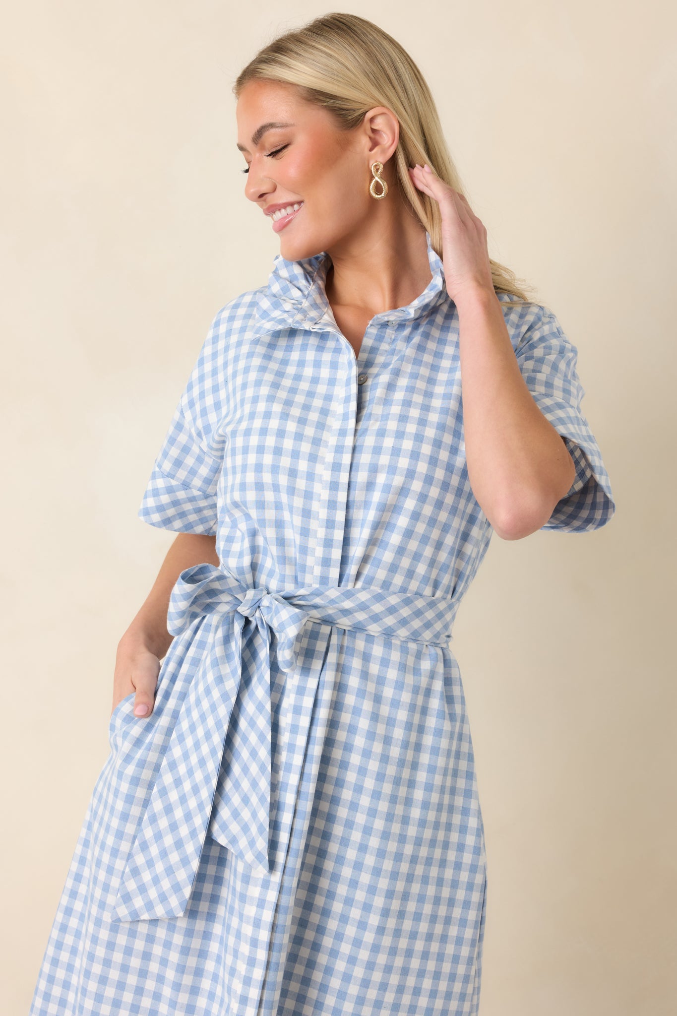 Check Me Out Blue Gingham Ruffle Collar Belted Maxi Dress