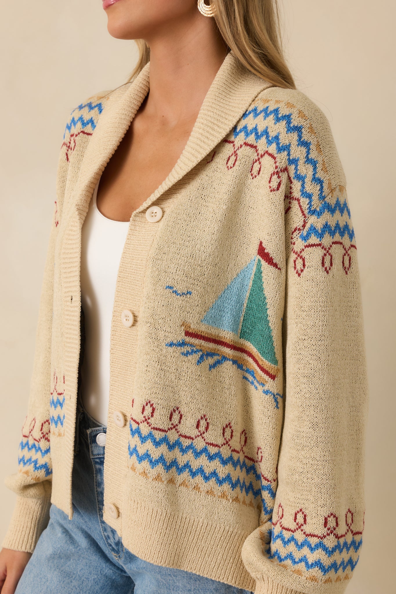 Coast Is Clear Light Beige Multi Knit Button-Up Sailboat Cardigan Sweater