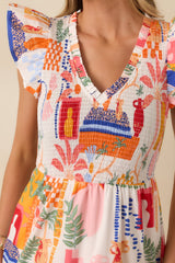Where the Sun Goes Orange & Pink Multi Cotton V-Neck Flutter Sleeve Maxi Dress