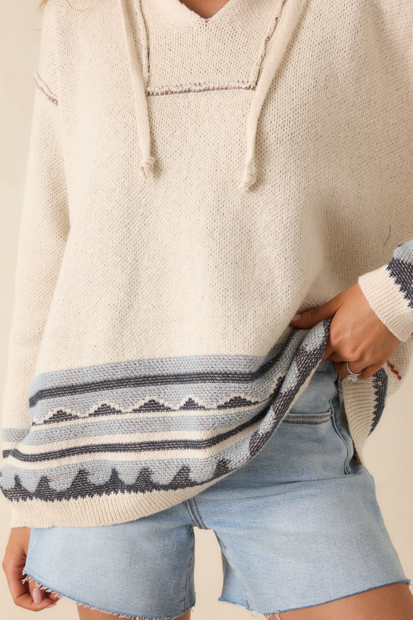 Off the Map Ivory & Blue Jacquard Cotton Pullover Hoodie