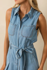 Best Foot Forward Blue Chambray Sleeveless Jumpsuit