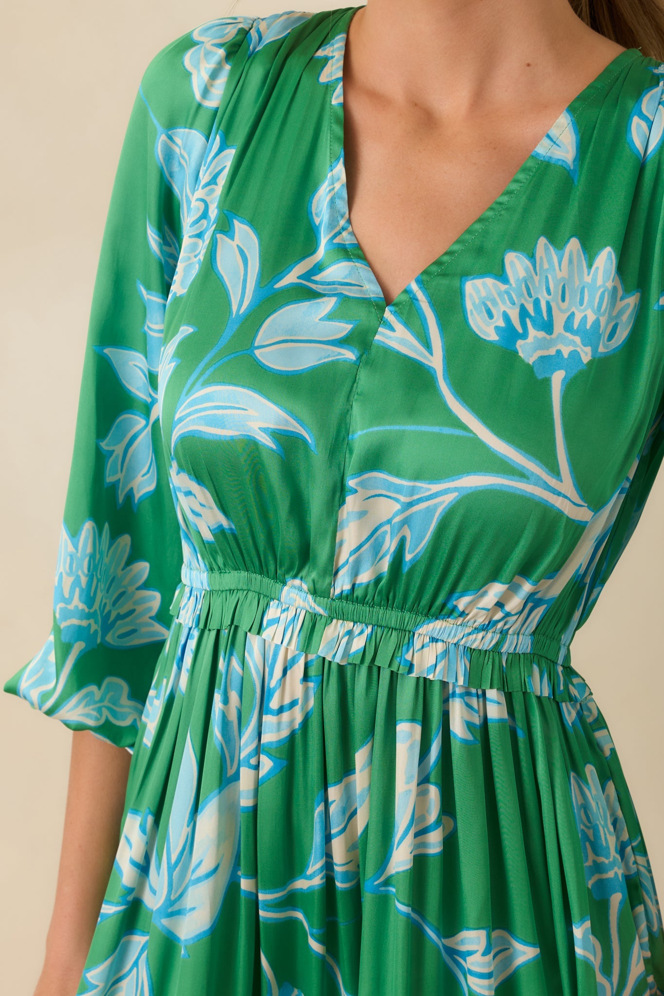 In Perfect Harmony Green & Blue Floral Print V-Neck Midi Dress