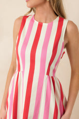 All the Energy Pink Multi Stripe Cotton Sleeveless Midi Dress