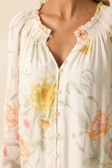 Just Winging It Ivory Multi Floral Print Rayon Long Sleeve Blouse
