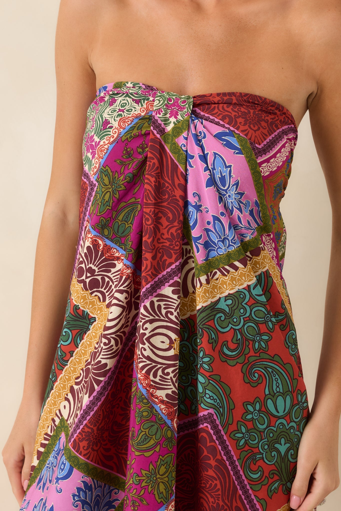 Everyone Knows Red Multi Patchwork Print Rayon Strapless Midi Dress