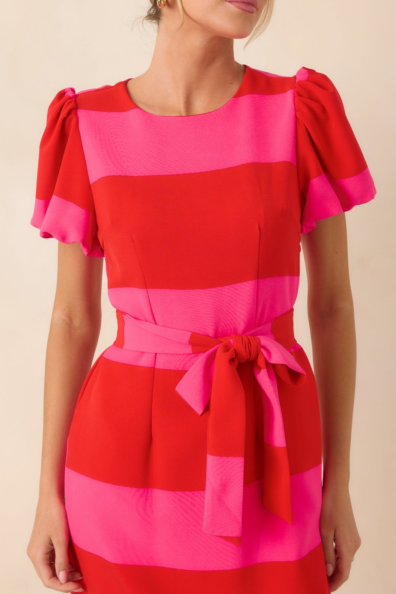 Boldly Yours Red & Pink Stripe Puff Sleeve Midi Dress