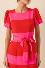 Boldly Yours Red & Pink Stripe Puff Sleeve Midi Dress