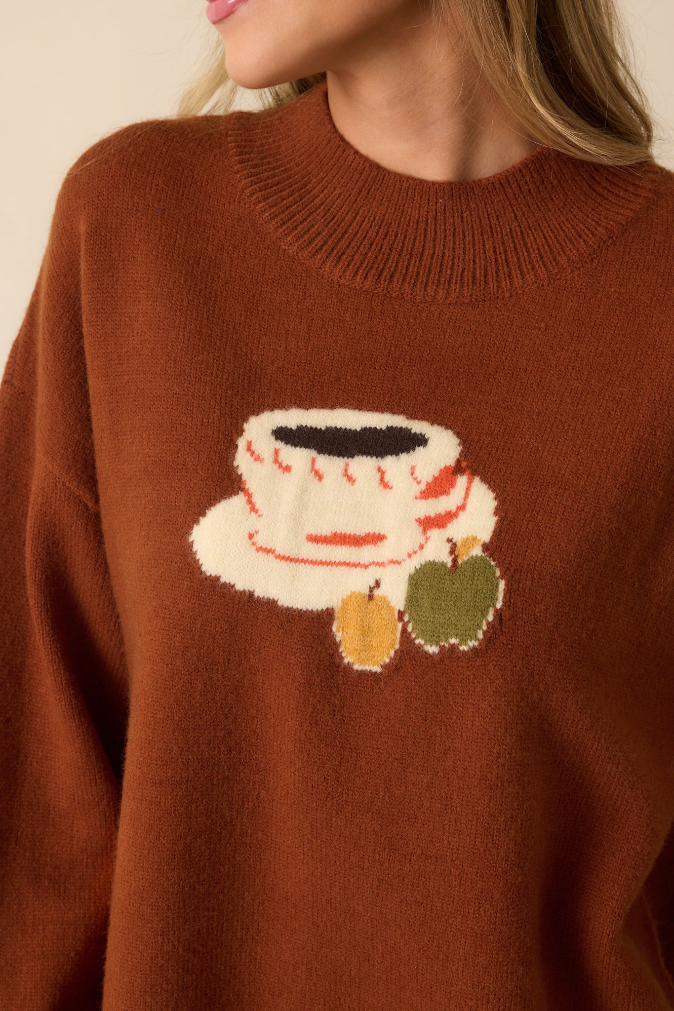 Another Town Over Rust Brown Coffee Cup Knit Crewneck Sweater