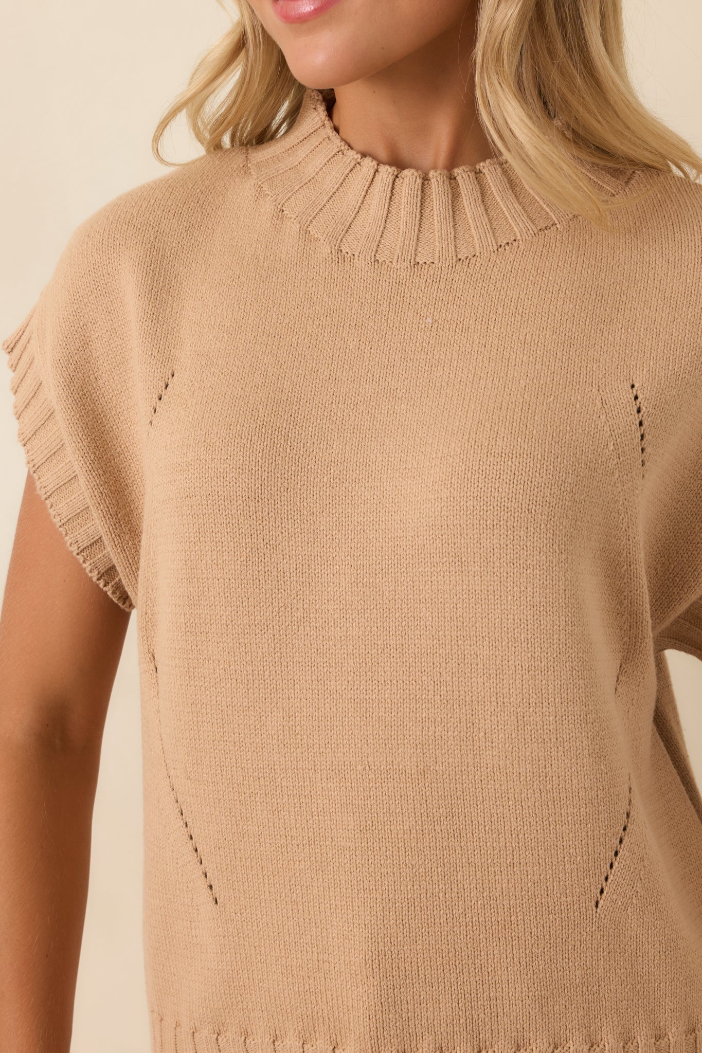 Easy to Adore Tan Knit Short Sleeve Mock Neck Sweater