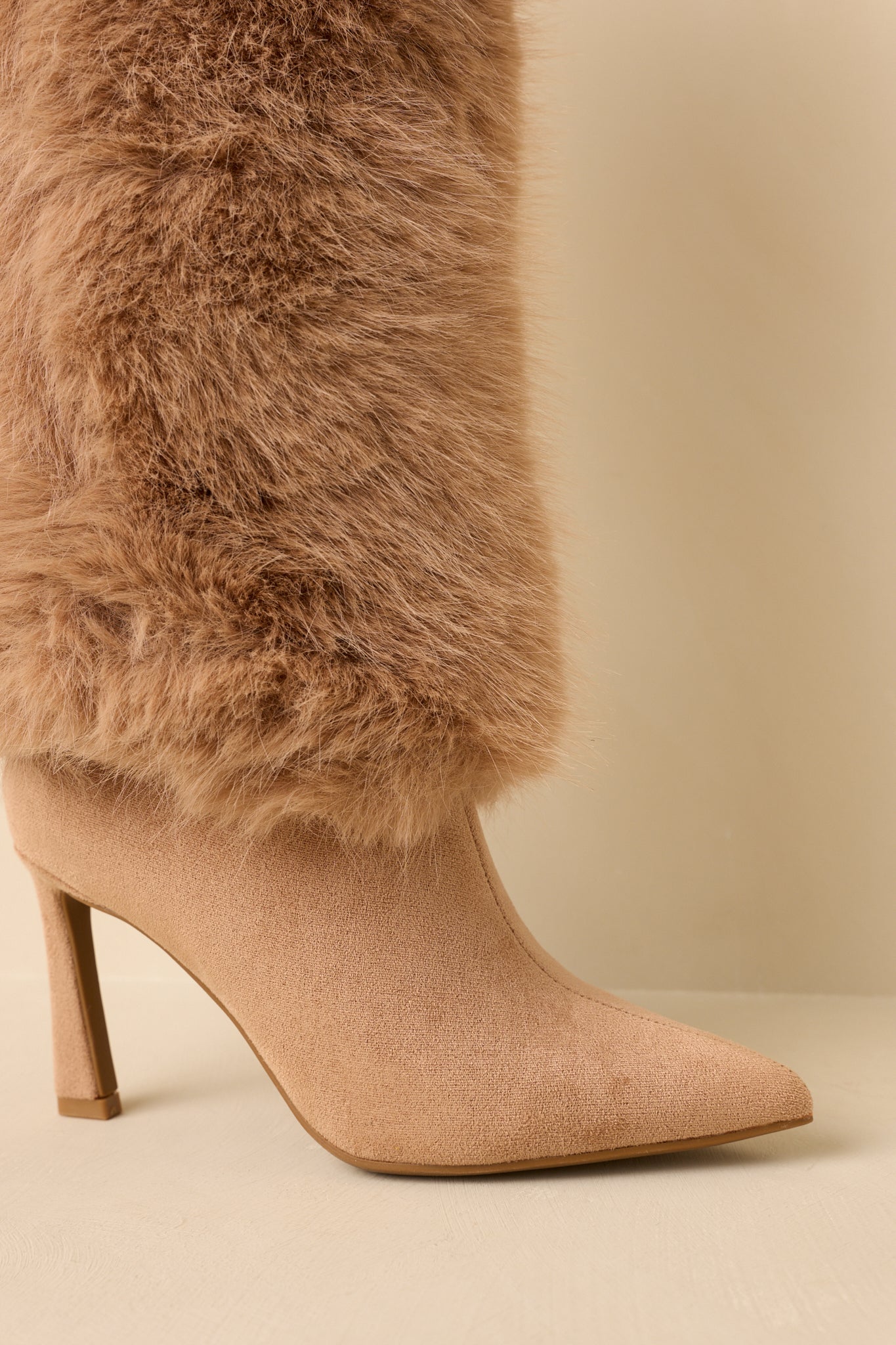 Fine Point Tan Faux Fur and Suede Pointed Toe Stiletto Boots
