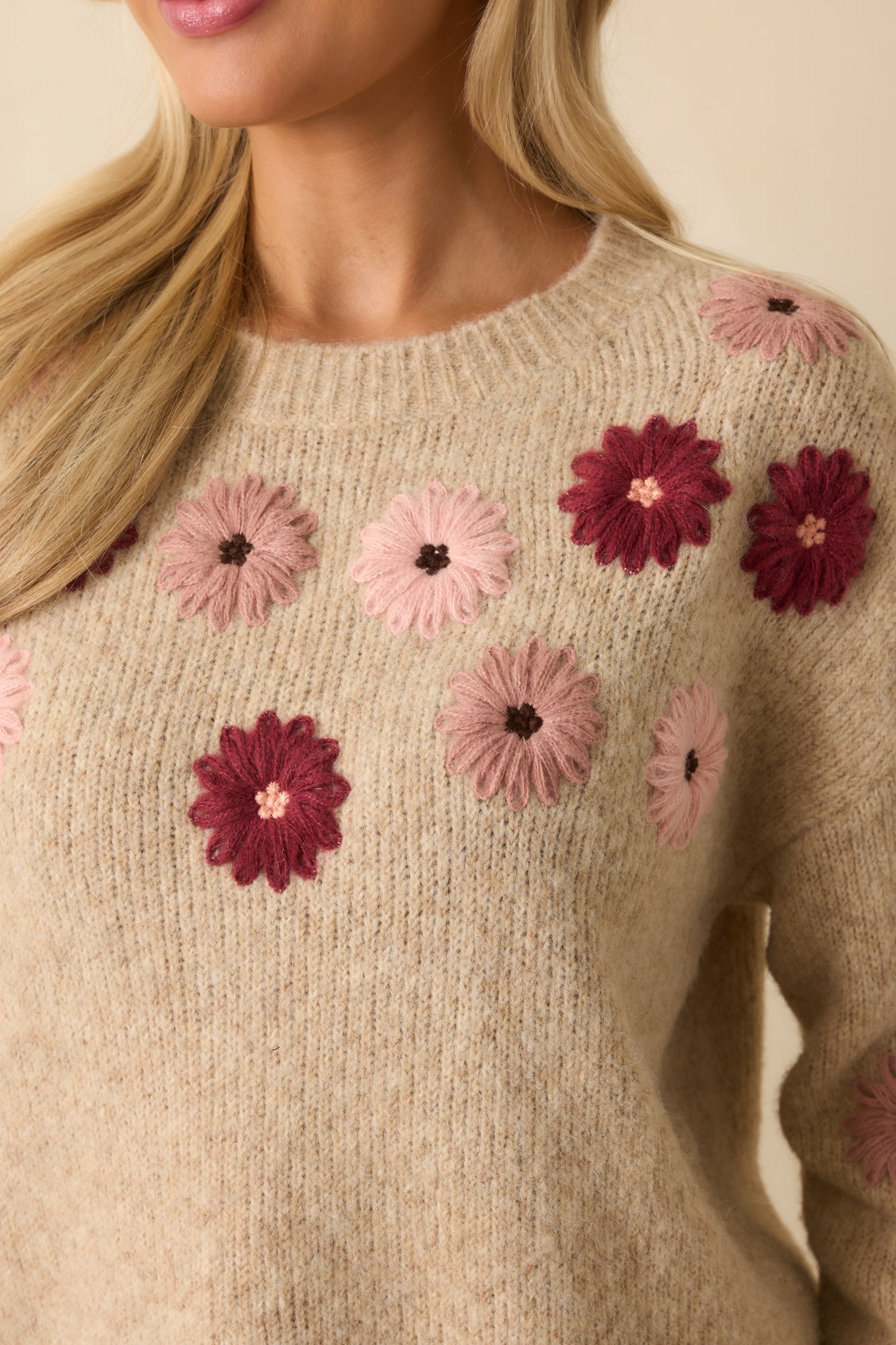 For What It's Worth Oatmeal Multi Floral Embroidered Knit Sweater